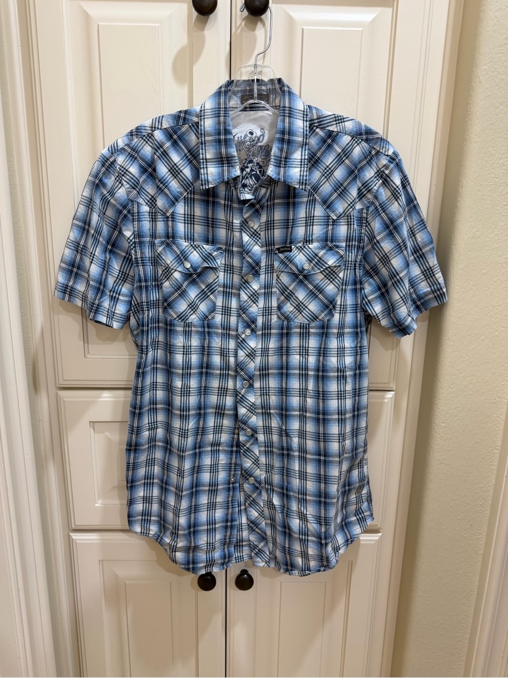 Bullhead Western Style Blue Plaid Short-Sleeve Pearl Snap Shirt